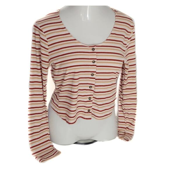 Justify Tops - Burgundy Cream White Striped Cropped Long Sleeve Top Juniors XL